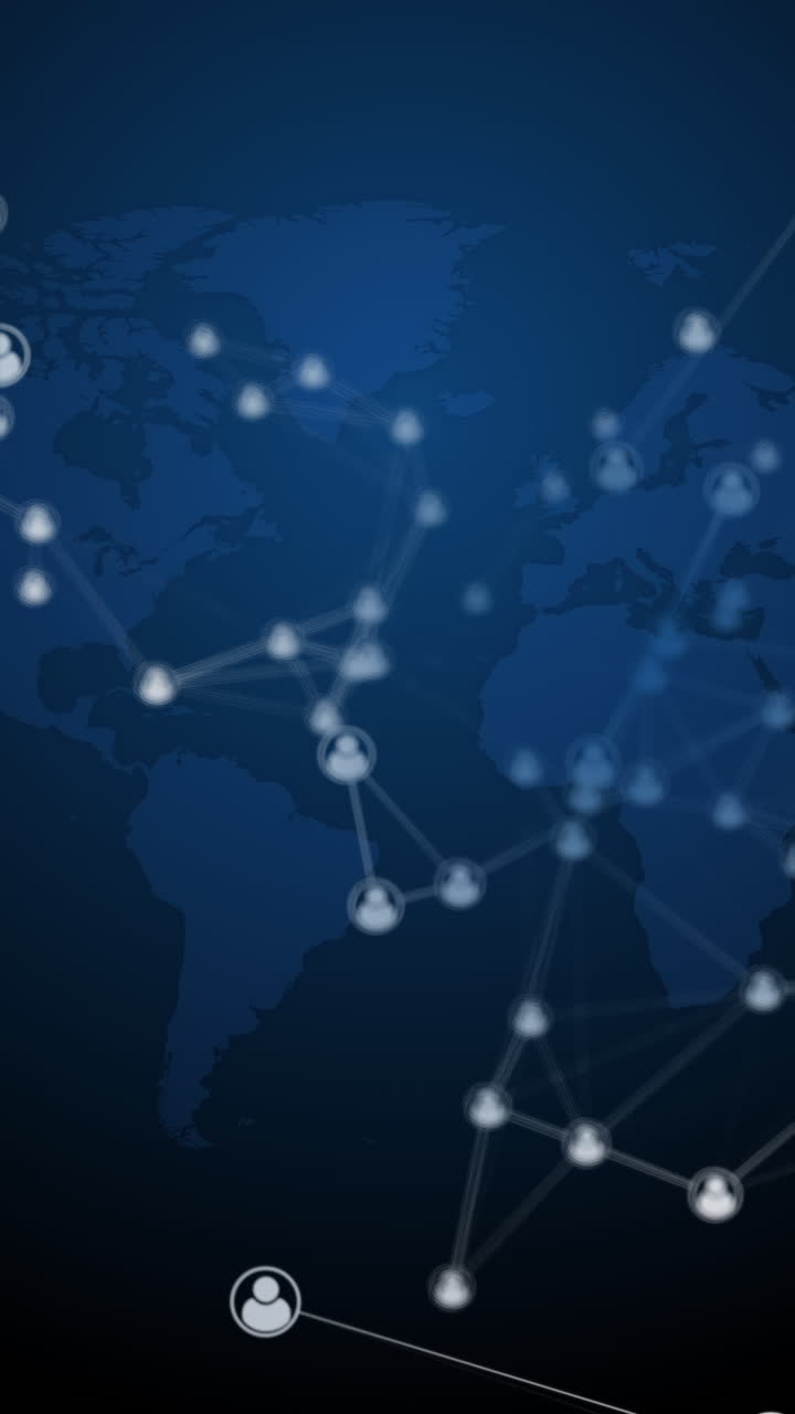 Icons of Internet users connected to the global network by lines on blurred background of the world map. Dark blue looped animation. Social network connections. Vertical video.