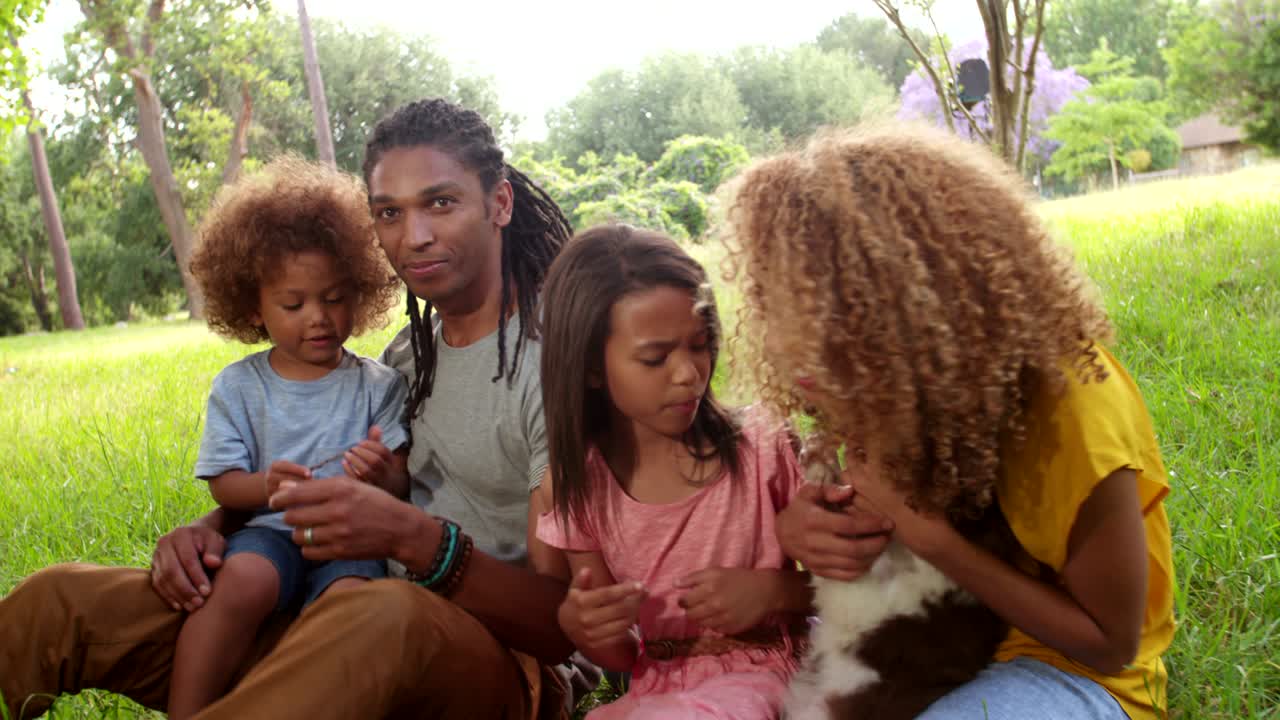 близкий взгляд на семью, наслаждающуюся новым очаровательным пушистым пограничным колли.