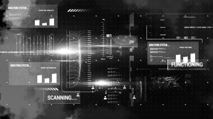 Animation of multiple people icons scope scanning data processing on black background