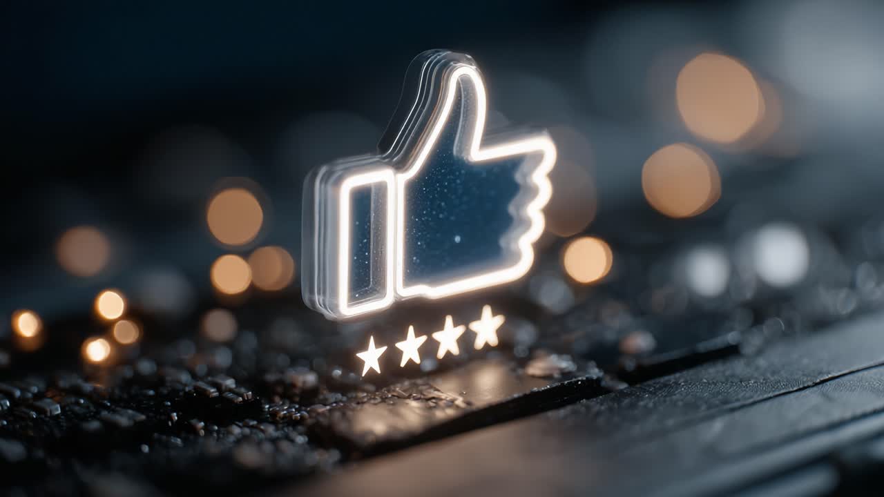 Visual Representation of Digital Engagement: A Neon-Like Thumbs Up Icon with Five Stars Reflecting Positive Interaction on a Keyboard Surface