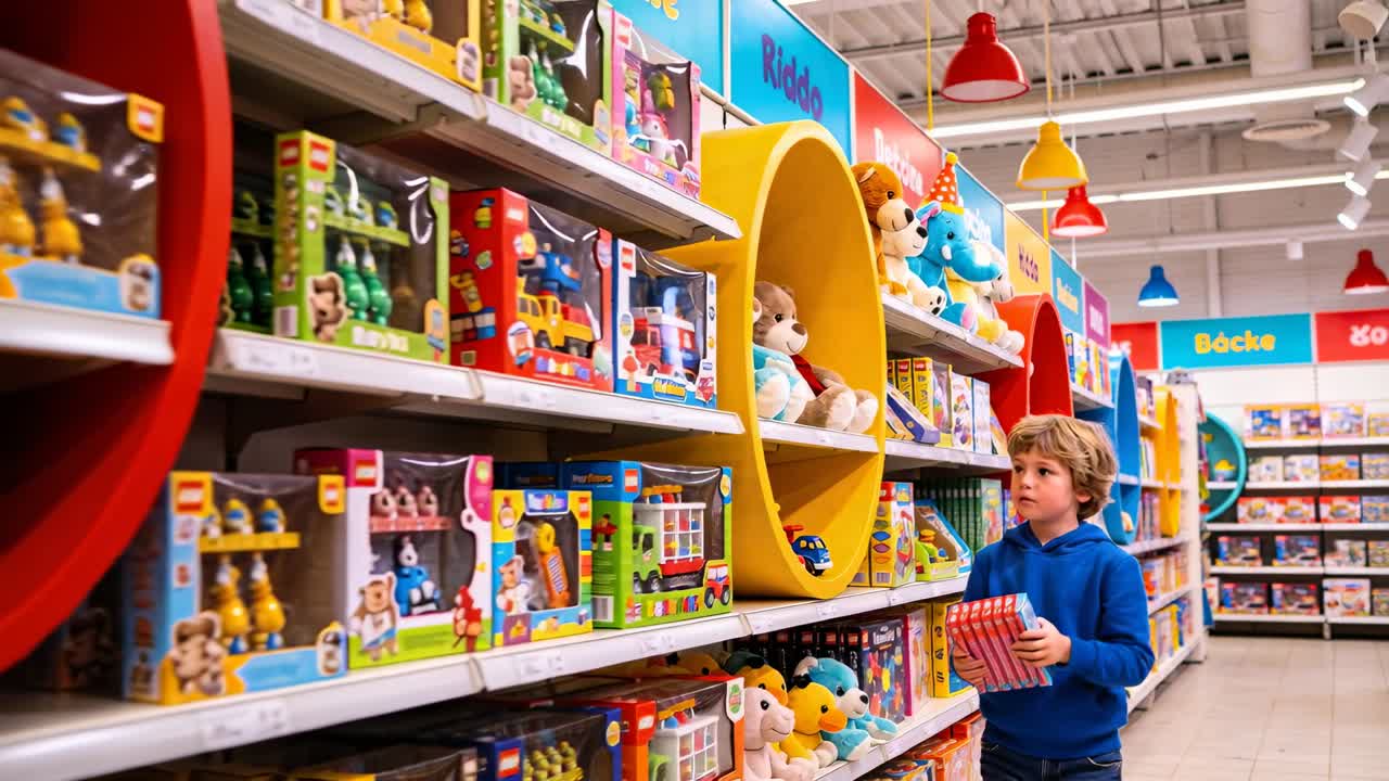 Criança avistando um brinquedo alto em caixa na prateleira, andando pelo corredor, pegando e comparando brinquedos para escolher.
