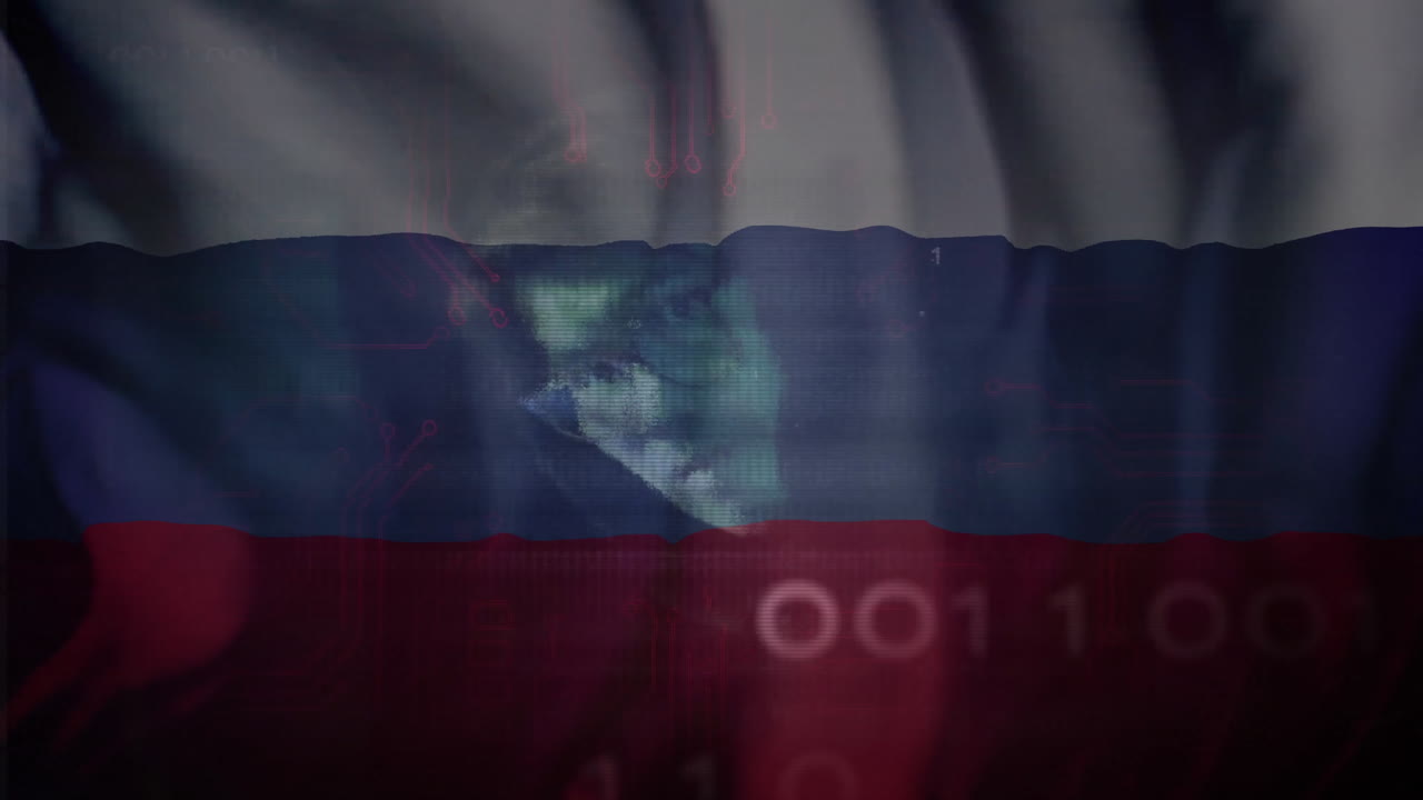 배경에 바이너리 코드와 회로판 애니메이션이 있는 러시아 발
