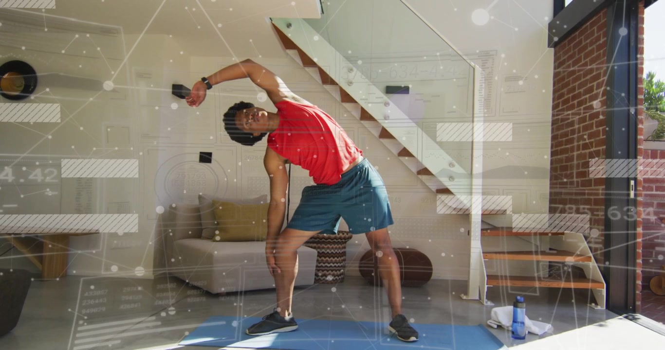 Adult male following overlay prompt, performing left side-stretch on blue mat, guiding fitness form