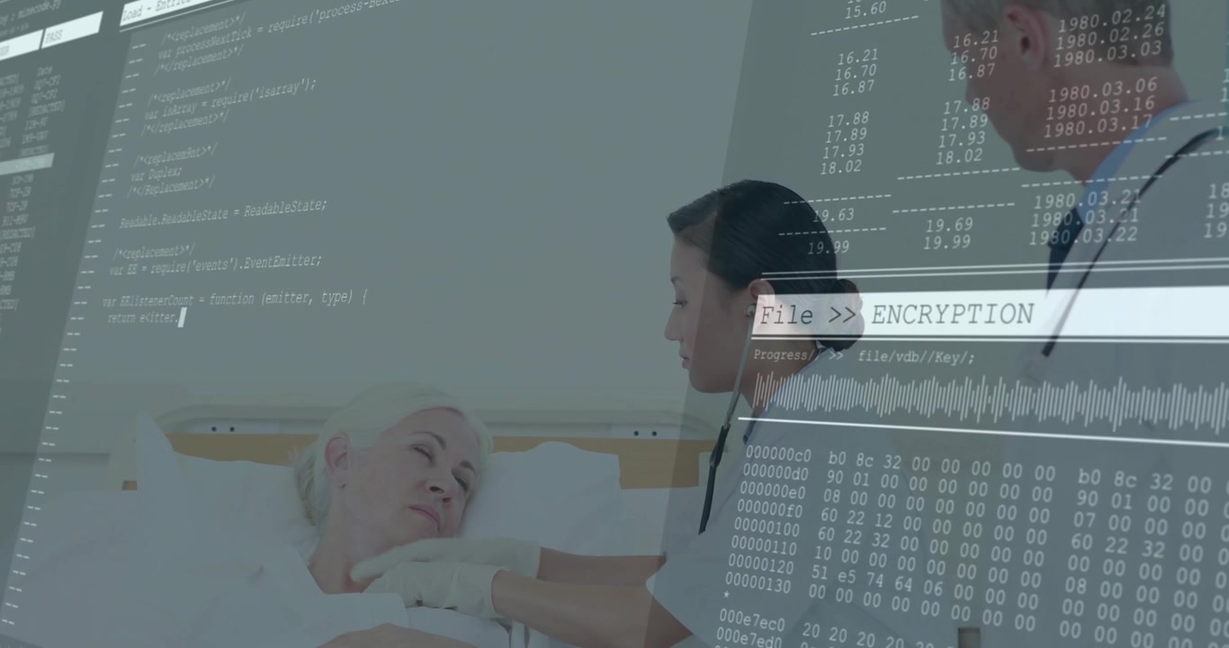 Krankenschwester legt Stethoskop auf Patientenbrust und startet medizinisches Verschlüsselungs-Overlay zur Datensicherung.
