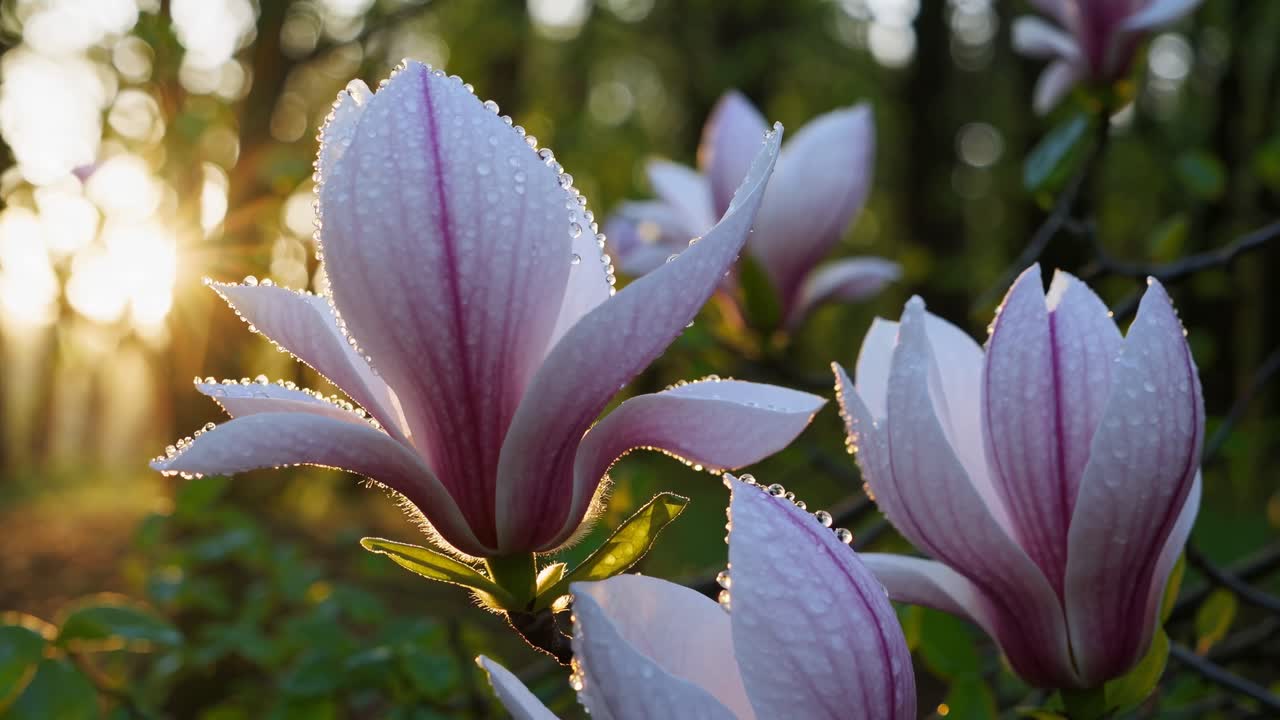 Close-up video of dew-covered magnolia flowers at sunrise, captured from a low angle