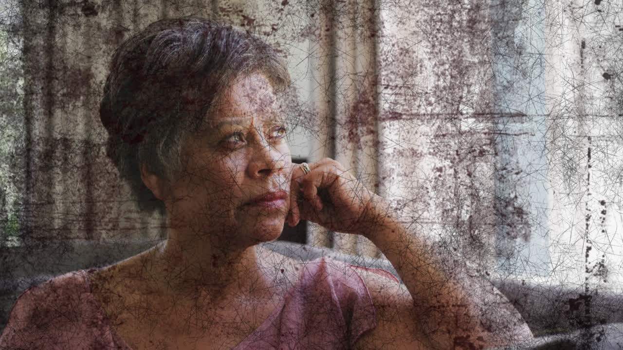 집에서 노인 아프리카계 미국인 여성에 대한 검은색 모양의 애니메이션