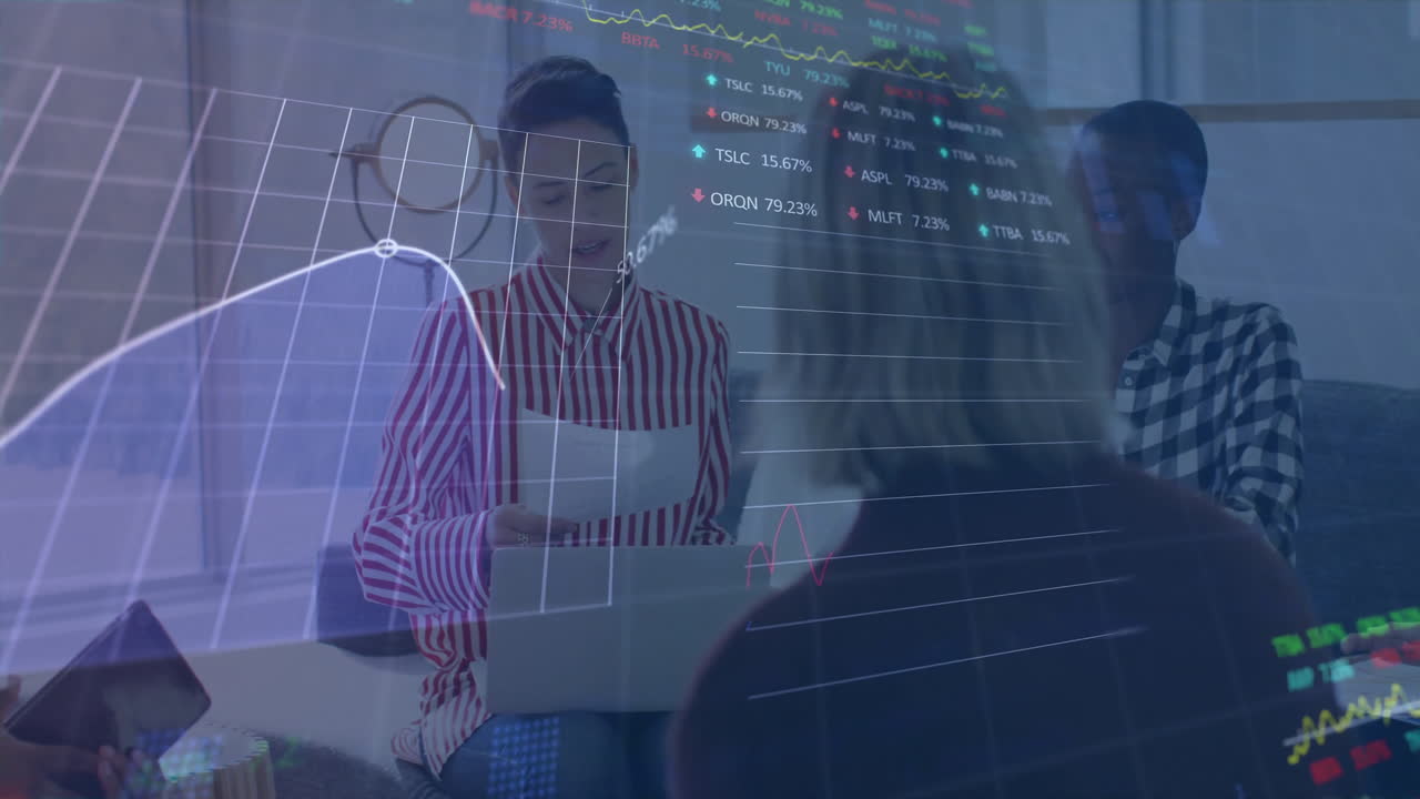 Animation of financial data processing over diverse colleagues having meeting in office