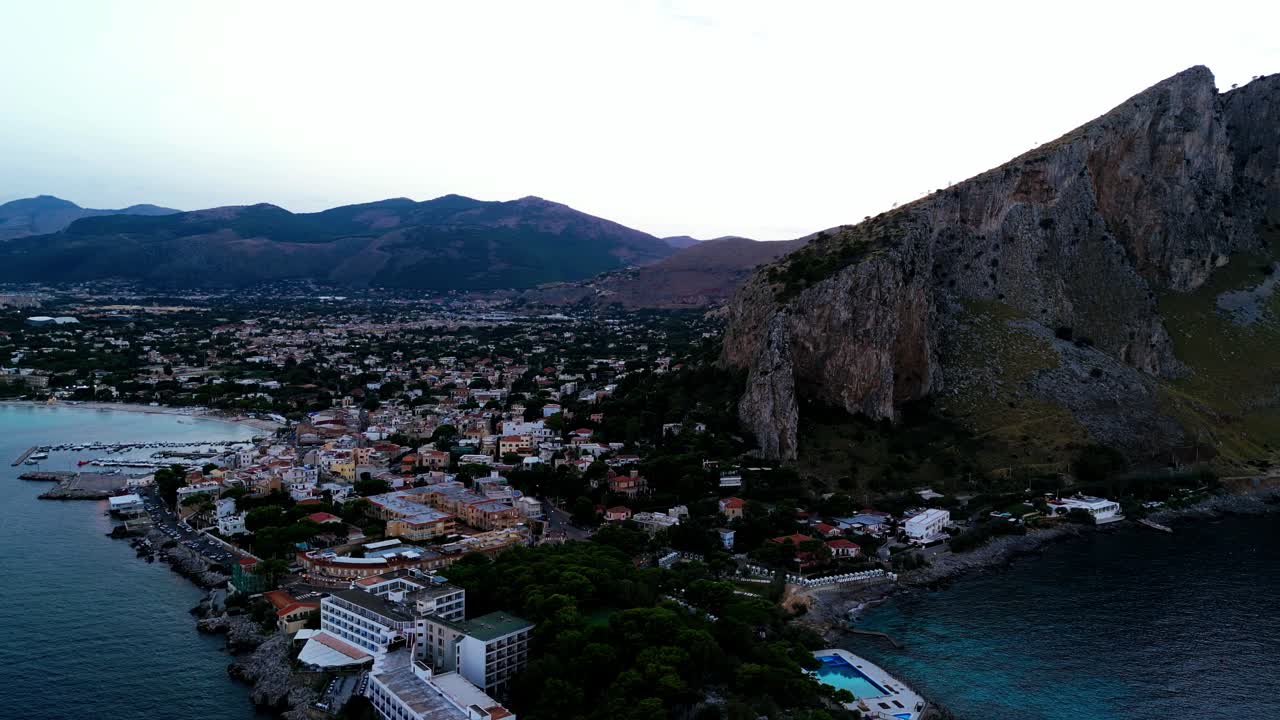 4 Sunset Aerial footage of Mondello Beach Palermo Sicily, Southern Italy