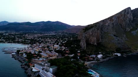 4-Sunset-Aerial-footage-of-Mondello-Beach-Palermo-Sicily,-Southern-Italy