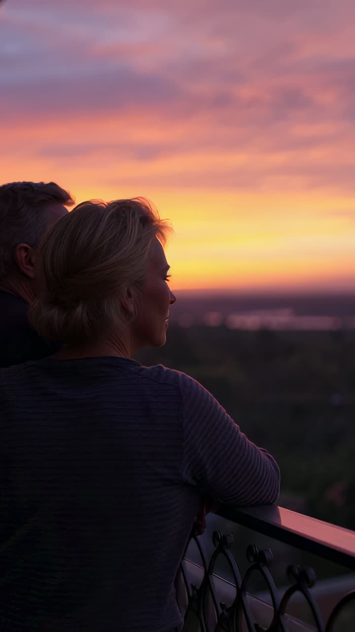 Vertical video: Sunset pulling couple leaning rail watching view, woman turning smiling, copy space