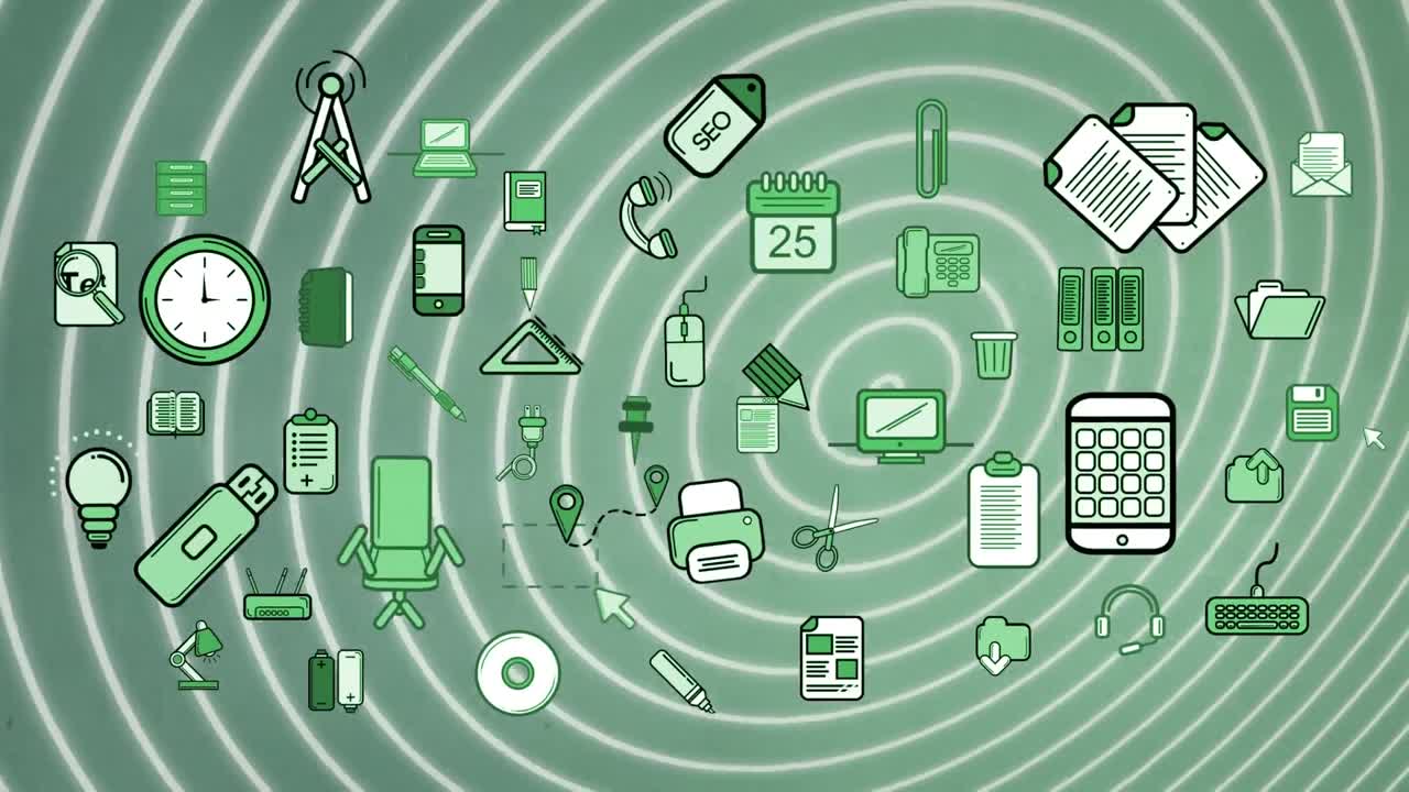 초록색 배경에 있는 학교 도구의 애니메이션