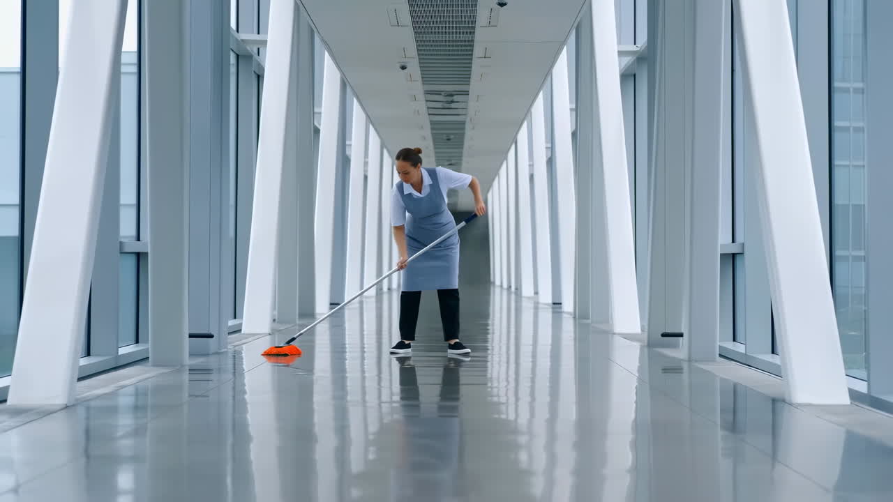 Professional Cleaner Mops Shiny Floor in Modern Building Corridor