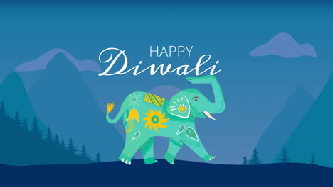 animation of happy diwali text over elephant on blue background