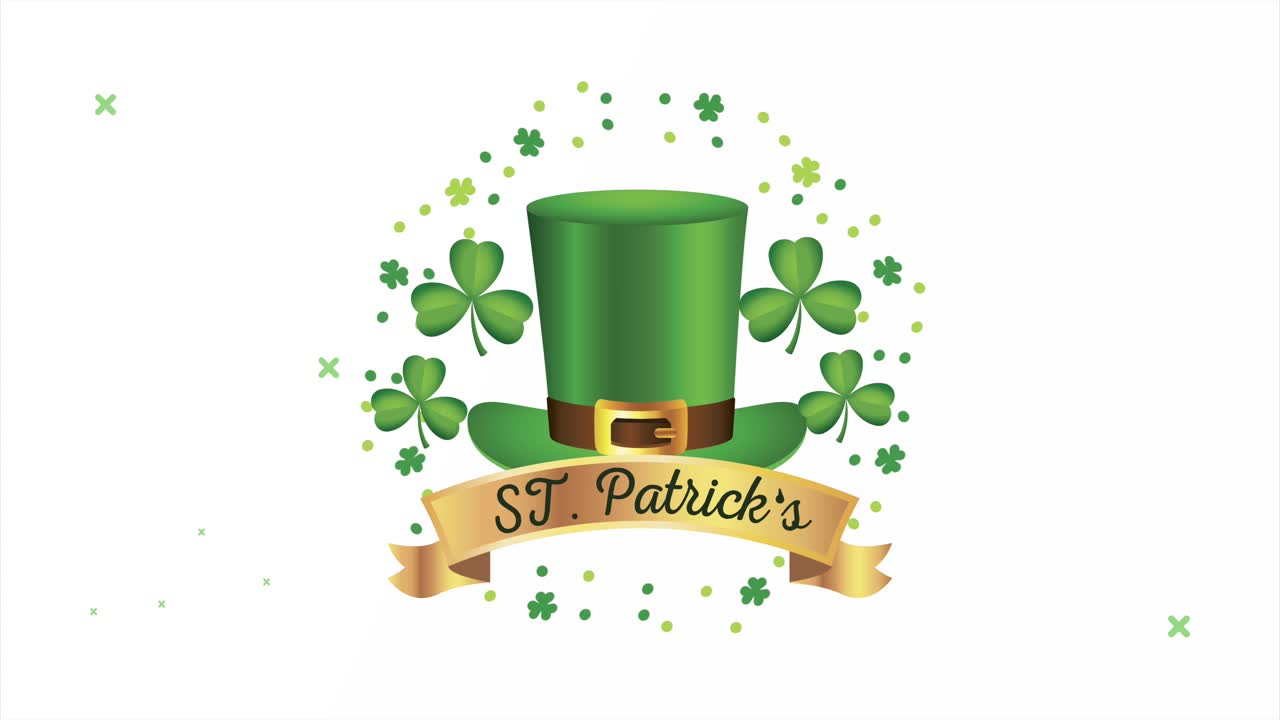 feliz día de san patricio con letras de cinta dorada con sombrero de duende y tréboles