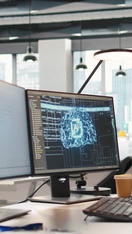 vertical video pc monitor on startup office desk shows artificial intelligence neural networks