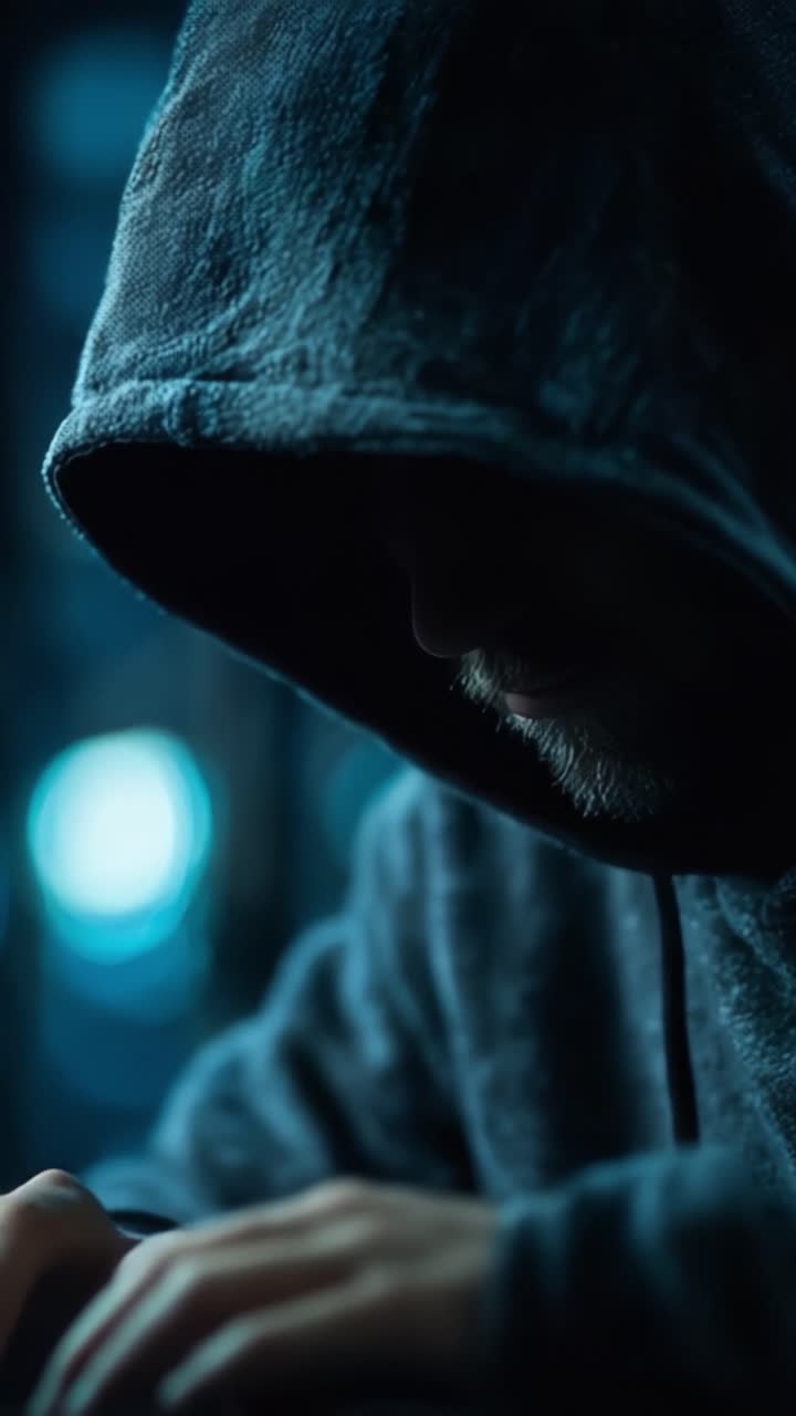 En eftertænksom skikkelse i en hættetrøje, fanget i et øjeblik af eftertanke, oplyst af bløde blå toner, der skaber en mystisk og introspektiv atmosfære.
