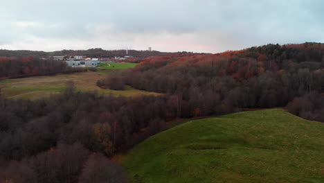 swedish countryside rural suburbs landscape, green fields surrounded by fall season woods