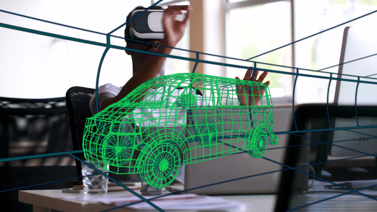 animación de dibujo 3d digital de un coche sobre un hombre usando auriculares vr