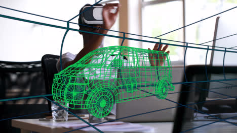 Animation-Einer-Digitalen-3D-Zeichnung-Eines-Autos-über-Einem-Mann-Mithilfe-Eines-VR-Headsets