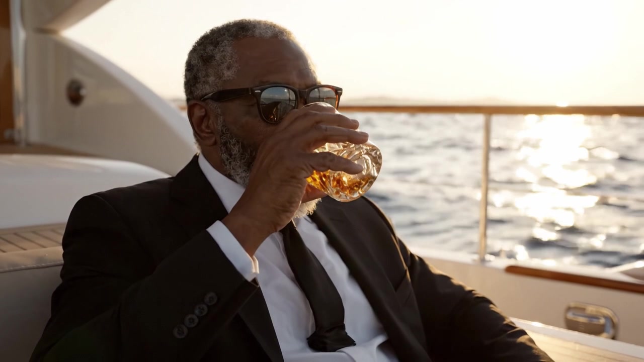 Hombre sofisticado disfrutando de una bebida relajante al atardecer en un yate de lujo, irradiando elegancia y tranquilidad en un pintoresco entorno marítimo