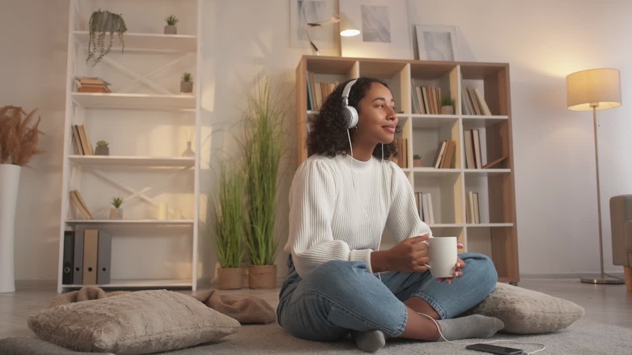 커피를 즐기고 가정 편안한 여자 컵 집