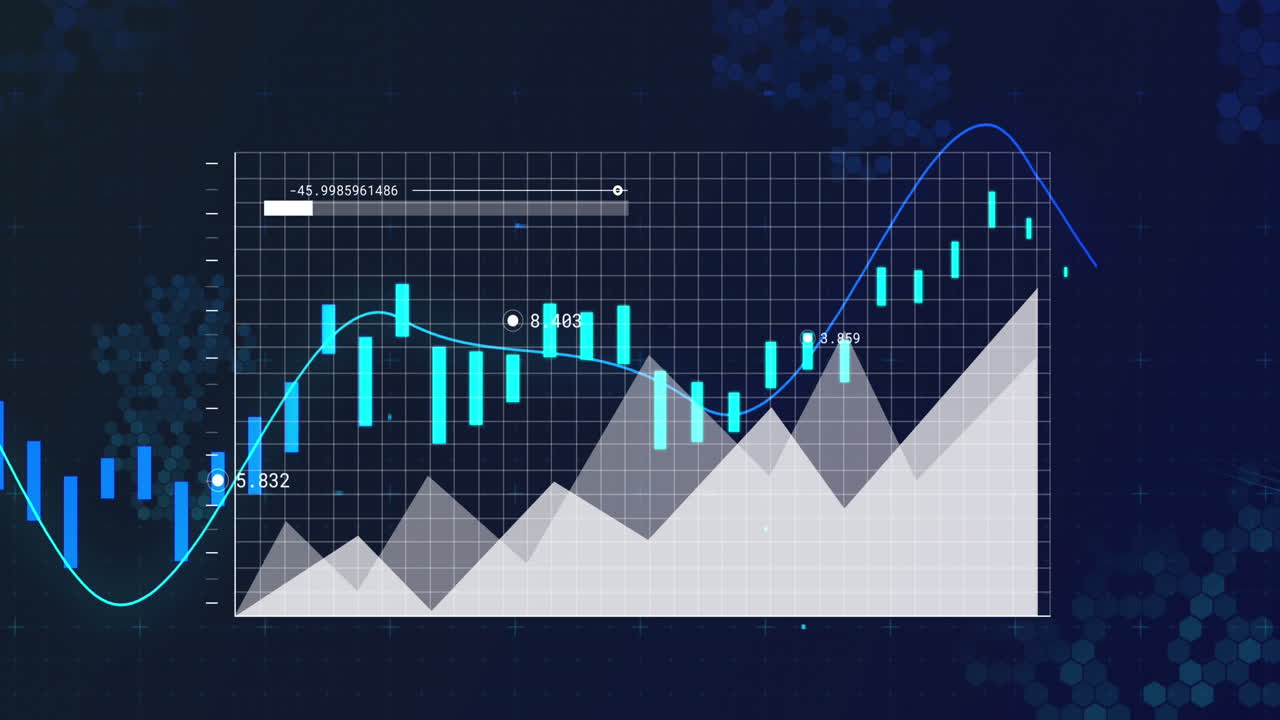 Animation of statistical data processing over hexagonal shapes against blue background