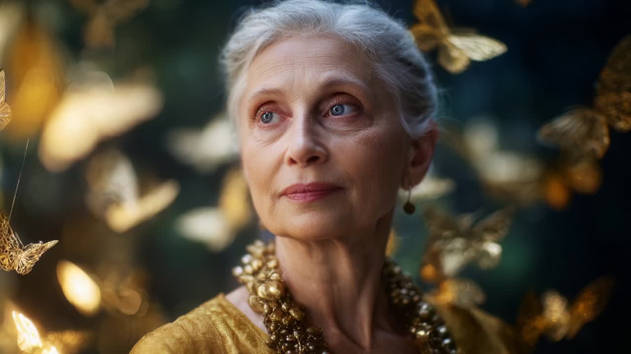 A serene elderly woman adorned in golden jewelry and surrounded by a mesmerizing swarm of golden butterflies, creating an enchanting scene that beautifully captures the essence of nature's elegance and tranquility