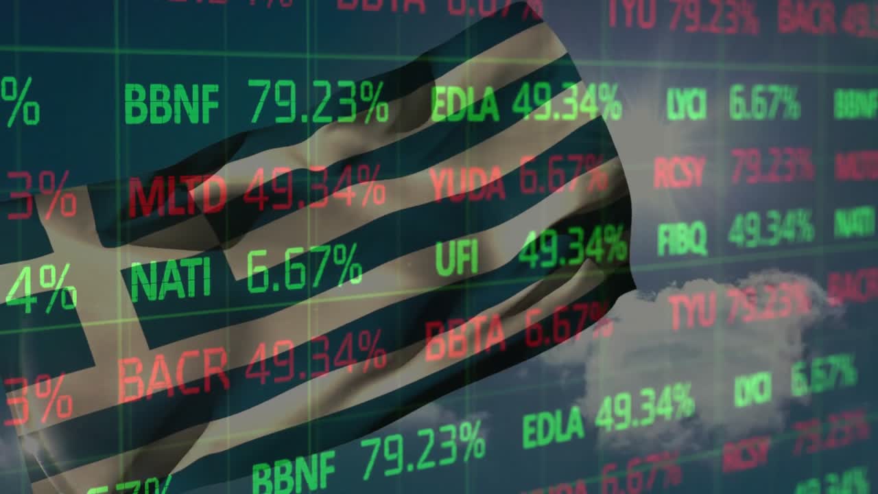 Wind-triggered Greek flag rippling over transparent grid as tickers updating to show market changes