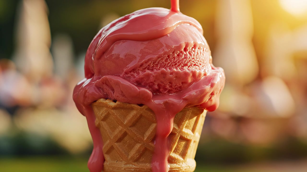 Heerlijk roze aardbeienijs dat smelt in een wafelhoorntje
