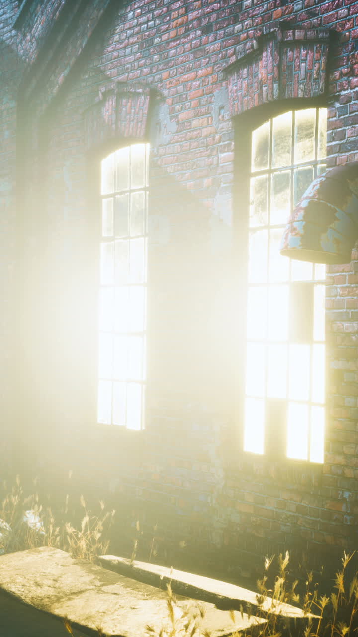 un edificio de ladrillo abandonado y espeluznante con ventanas que brillaban en la niebla.