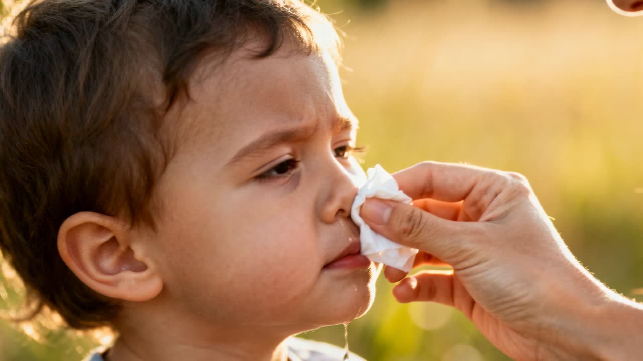 Mão adulta limpando, pressionando um lenço branco após escorrimento nasal se formar no nariz de uma criança pequena, camisa clara.