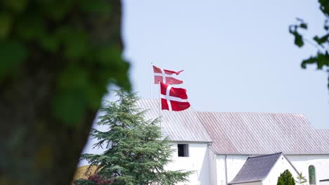 Waving flags of Denmark on a sunny day near a white building with trees surrounding it