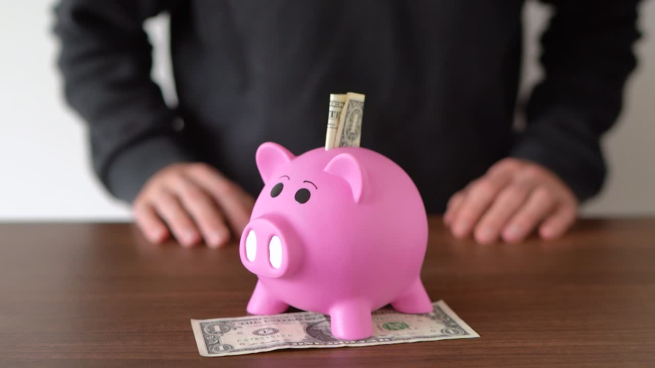 Concept of saving money in a pink piggy bank
