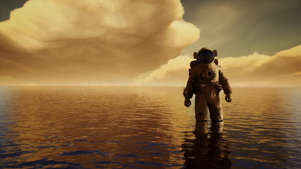 Spaceman in the sea under clouds at sunset