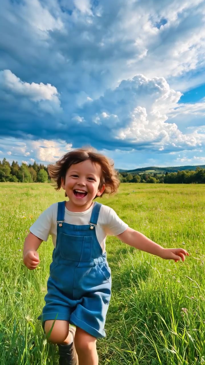 Vista cercana de un niño en edad preescolar corriendo hacia la cámara a través de un prado verde, riendo con los brazos extendidos bajo un cielo de verano brillante y nubes cúmulos imponentes, lleno de alegría y movimiento, con niño, preescolar.