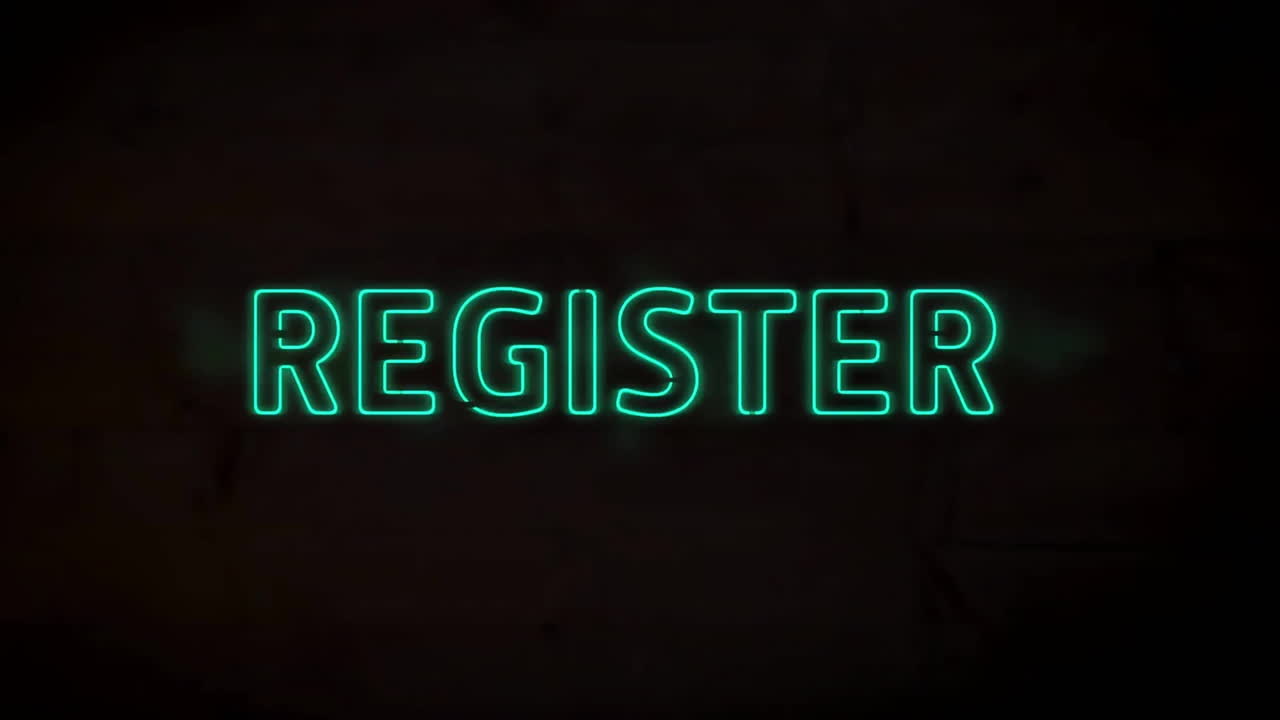 Animation of neon register text over black background