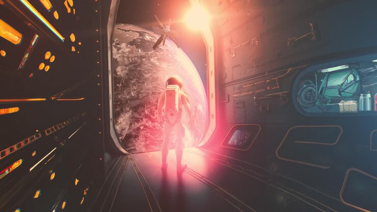 astronauta olhando para fora de uma estação espacial na terra