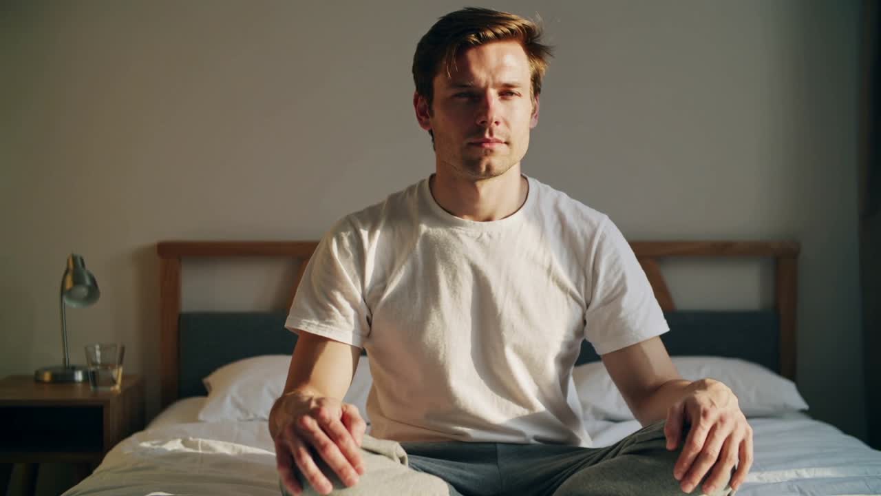 Relaxing man wearing white tee closing eyes while breathing on bed under warm light with lamp