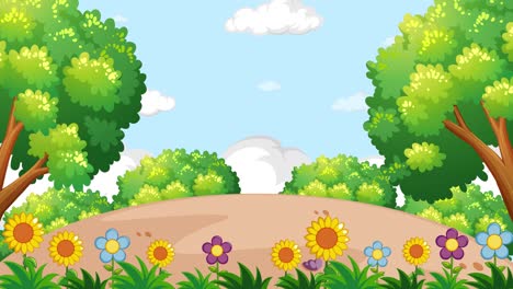 colorful forest scene with dynamic flower growth and gentle transitions, featuring bright trees and a clear sky
