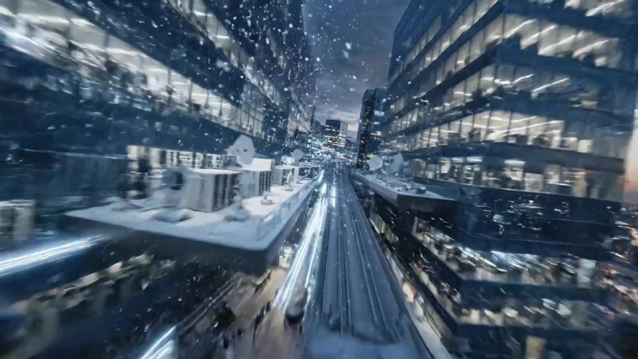 A Stunning Winter Evening in a Snowy City: Urban Life Amidst Snowflakes and Twinkling Lights as a Train Speeds Through the Urban Landscape.
