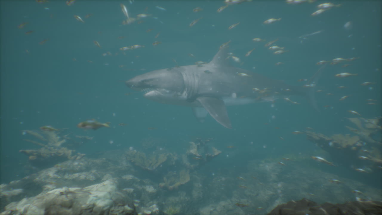 Great White Shark Swimming in the Deep Blue Ocean