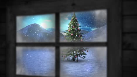 Animación-De-Nieve-Cayendo-Sobre-El-árbol-De-Navidad-Y-El-Paisaje-Invernal-Visto-A-Través-De-La-Ventana