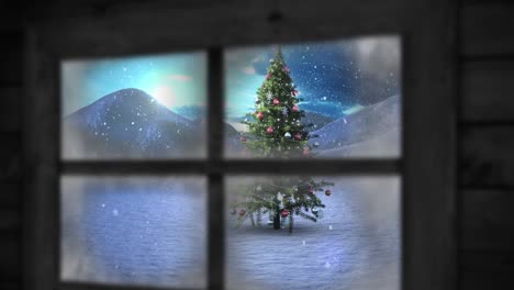 Animation-Von-Schnee,-Der-über-Den-Weihnachtsbaum-Fällt,-Und-Winterlandschaft,-Die-Durch-Das-Fenster-Gesehen-Wird