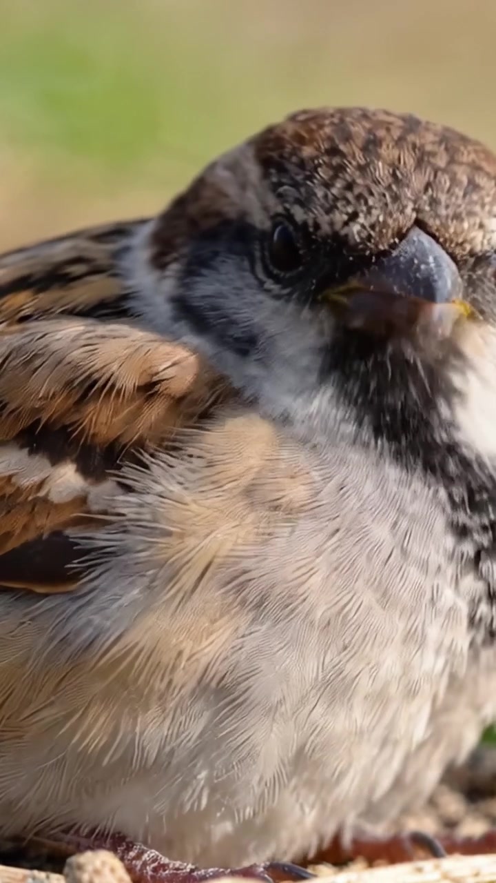 Primo piano di un passero bruno catturato con luce naturale, che mostra le sue piume uniche e le caratteristiche distintive in un ambiente esterno sereno.