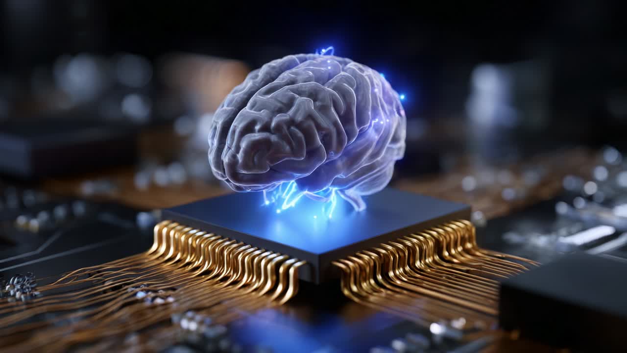 A modern conceptual visualization of an artificial intelligence brain represented in a holographic form, showcasing intricate neural connections and electric currents on a digital circuit board interface
