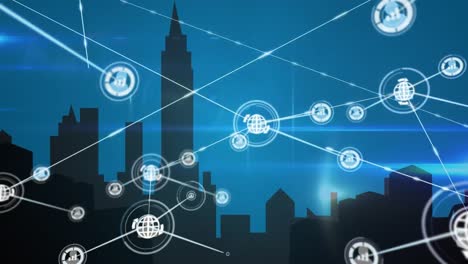 animation of network of connections over cityscape