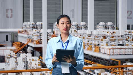 an asian business woman using tablet an looking around in the warehouse