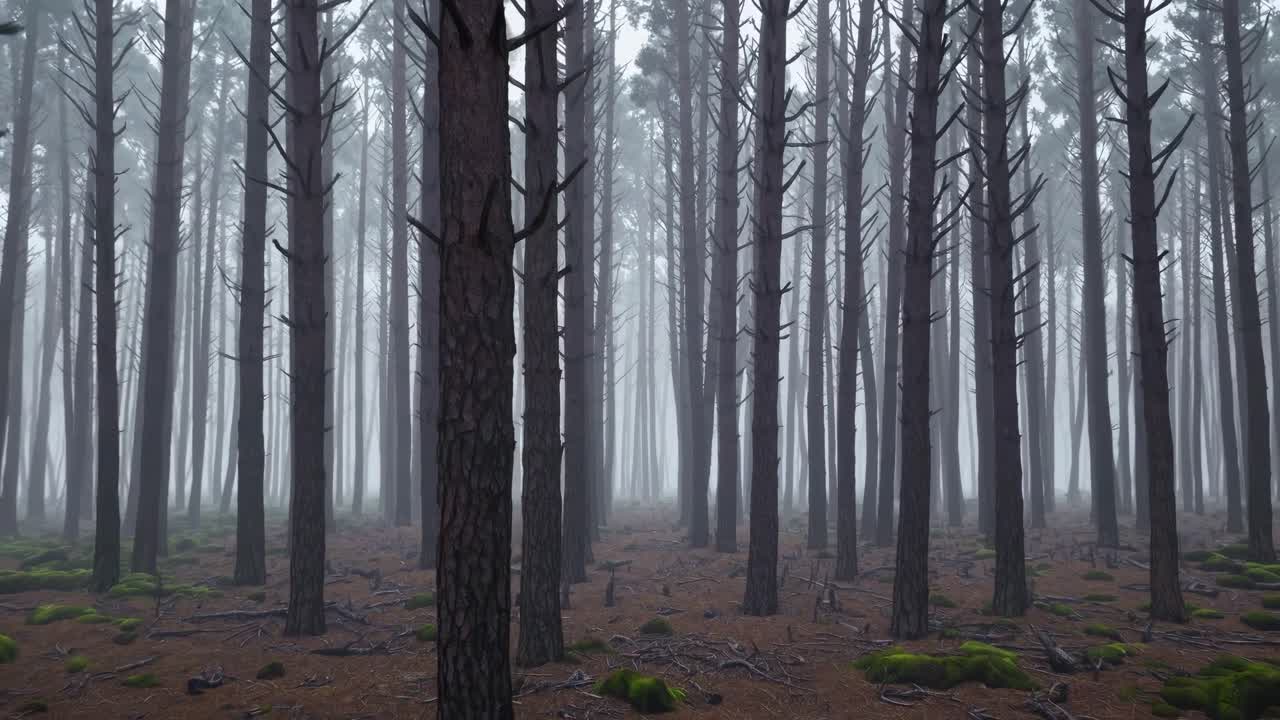 Dense pine forest becoming enveloped by mysterious, rolling fog, creating haunting atmospheric landscape with deep shadows and ethereal light filtering through misty woodland environment