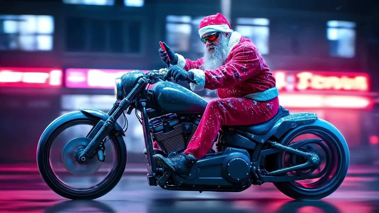 A man dressed as Santa Claus riding a motorcycle on a city street