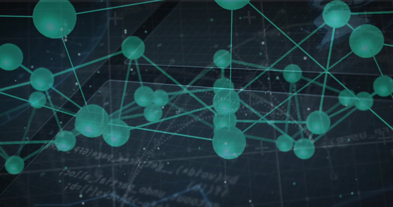 Sphere network revealing turquoise connections, rotating, shifting clusters, showing data flow